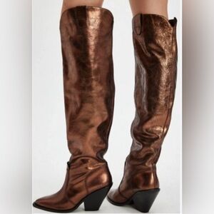 new Free People LEATHER Triple Crown Over the Knee Boot Bronze Metallic NIB 7
